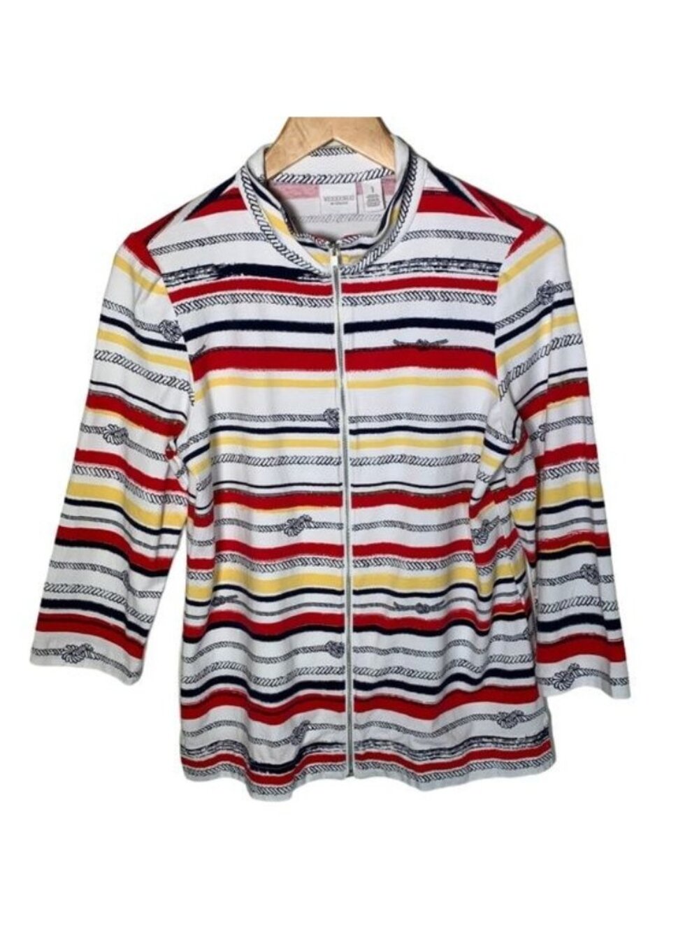 Chicos Jacket Womens 1 M Multicolor Stripe Zip Front Knit Artsy Boho
